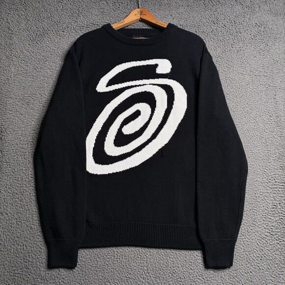 Stussy Streetwear Vintage Curly S Logo Knited Black Relaxed Rap Skate Sweater XL